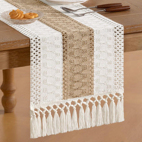 Summer 12x60 inch Socomi Boho Table Runner Farmhouse Rustic Dining Kitchen Centerpiece Decor Small Macrame Woven Cotton