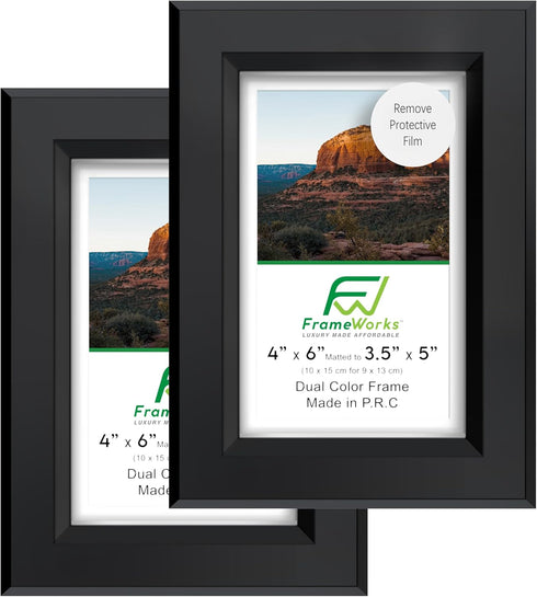 FrameWorks 2-Pack Black Wooden Shadow Box Picture Frames, 4” x 6” with Removable White Mat for Photos