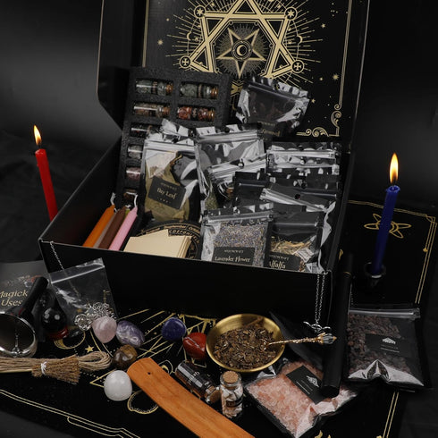 132 Witchcraft Supplies Kit PCS, Wiccan Supplies and Tools, Including Witchcraft Herbs, Spell Candles, Crystals