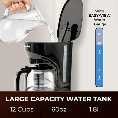 Mueller 12-Cup Drip Coffee Maker with Borosilicate Carafe, Auto-Off, Reusable Filter, and Keep-Warm Function
