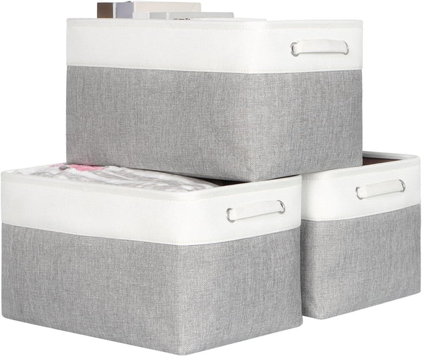 Kntiwiwo Large Fabric Foldable Storage Bin 17" x 11.8" x 9.8", Set of 3, Grey Storage Baskets with Handle