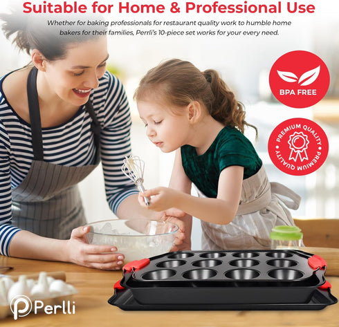 PERLLI 6-Piece Non-Stick Baking Pan Set, BPA-Free Carbon Steel Bakeware with Silicone Handles