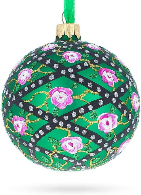 1907 Rose Trellis Royal Egg Green Glass Ball Christmas Ornament, 3.25 Inches