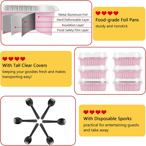 LNYZQUS 4” Mini Pie Tins, 40 Pack 7.5oz Aluminum Foil Muffin Tins with Lids, Disposable Baking Cups - Pink