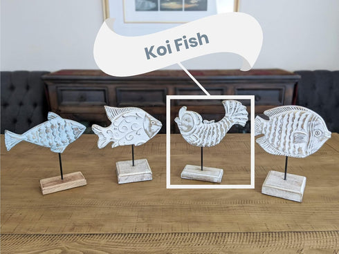 Wooden Fish Lake House Decor, Handmade Beach Decoration on Base Stand for Shelves, Table, Office, Living Room (Koi Fish)