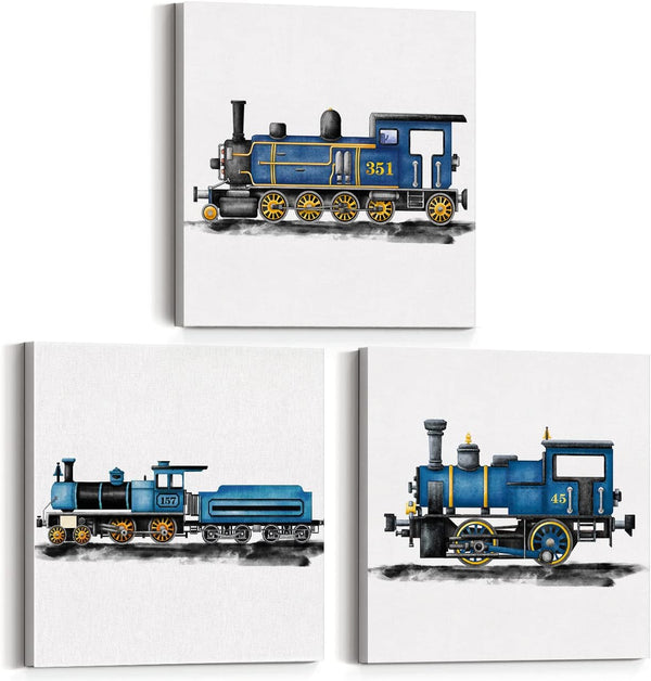 Yuzi-n Set of 3 Blue Steam Train Nursery Vehicle Framed Wall Art Decor