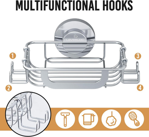 LEVERLOC Bar Soap Holder Dish with Hooks, Soap Tray Suction Cup Wall Mounted for Shower, Stainless Steel Sponge Holder