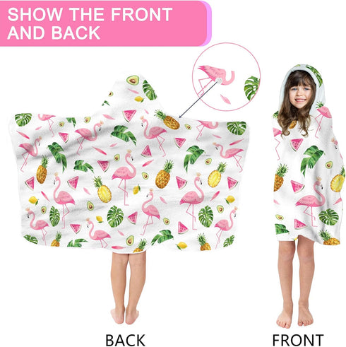 Summer 30''x50 Bonsai Tree Pink Flamingo Bright Hooded Beach Towel, Flamingo Lover Kids Poncho Towel for Boys Girls