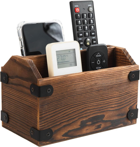 Brown Torched Wood Remote Control Organizer, Two Compartment Holder for TV, Game Consoles, Cell Phone, Kitchen