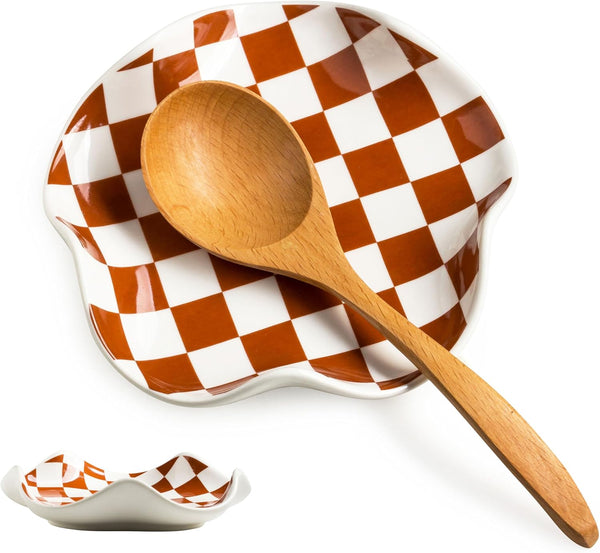 Spoon Rest for Stove Top, Checkered Ceramic Spoon Holder for Kitchen Counter