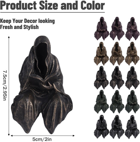 2.95" Set 3,Gothic Mini Reading Statue Bookshelf Figure of Grim Reaper Statue,Mystery Reading Figurines Sitting
