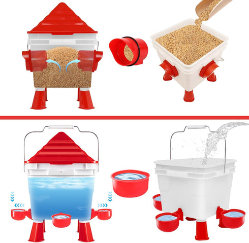 Set, 13 lb 2 Chicken Feeder and Waterer No Waste Automatic Chicken Feeder Bucket & Gallon Gravity Chicken Waterer