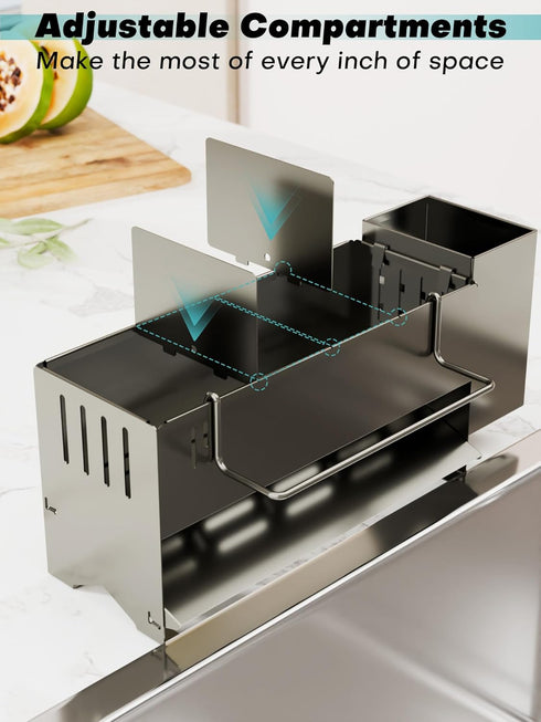 Kitchen Sink Caddy Organizer, Sponge Holder for Kitchen Sink with Upgraded Extra-Wide Drain Board, Efficient Drainage