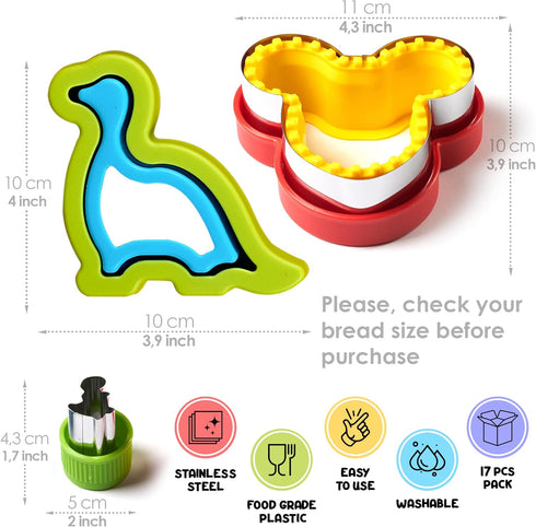 GET FRESH 17-pcs Sandwich Cutters and Sealers for Kids - Stainless Steel Dino Mouse Metal Sealers and Veggie Cutters