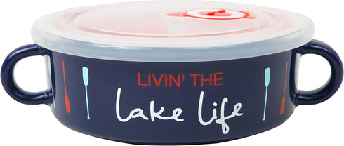 Pavilion Gift Company Livin' The River Life Stoneware Snack Soup Bowl, 13.5oz, Blue with BPA Free Lid