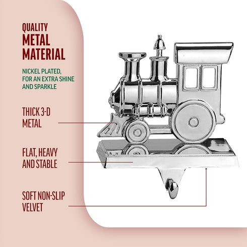 Set 2 Klikel Train Stocking Hanger of - Shiny Silver Metal Christmas Stocking Holder for Fireplace Mantle - Heavy Duty