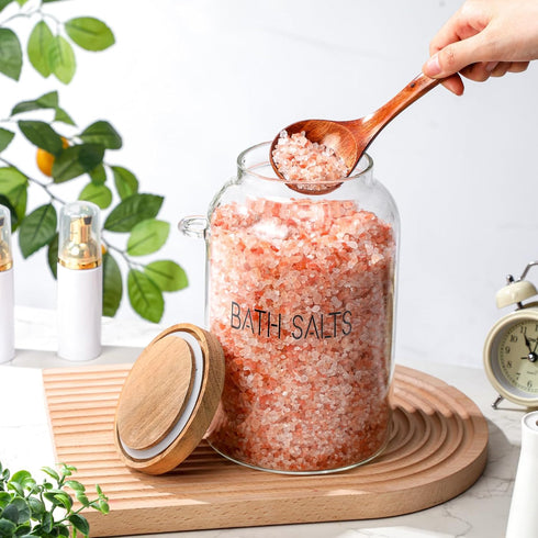 2 94 oz SiliFine Pcs Bath Salts Glass Jar with Wooden Lid, Bath Salt Container with Scoop, Airtight Storage Bathtub
