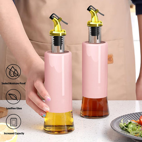 Miao’er Olive Oil Dispenser Bottle for Kitchen Set of 2, Golden Non-Drip & Leakproof Spout, One-handed Hold, With Pink Funnel for Easy Filling, 10OZ/300ML(PINK) by MIAO'ER