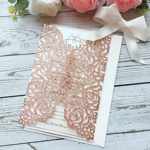 20PCS 5.12 x 7.28'' Laser Cut Wedding Invitations Cards with Envelopes, Hollow Rose Pocket with Bowknot for Bridal