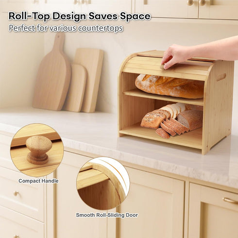 Countertop, 3 Counter, Bread Box for Kitchen Double Layer Bamboo Bread Storage Container for Homemade Bread, Roll Top