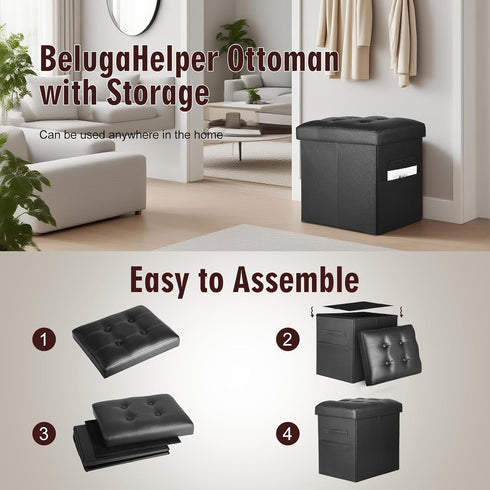 350 lbs, 17x13x17in, Storage Ottoman Foot Rest Stool with Thicker Foam Padded Seat. Slim Tall Folding Leather Small