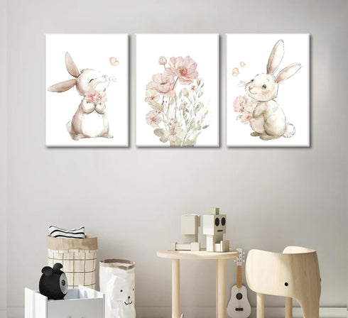 Grengel Pink Girl Nursery Bunny Canvas Wall Art Cute Rabbit Wildflowers Painting Pictures Wall Decor Botanical