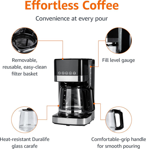 Programmable 12 (1.9 Amazon Basics Cup Drip Coffee Maker with Glass Coffee Pot Qt), Auto Shut-off, Touch Screen, Auto