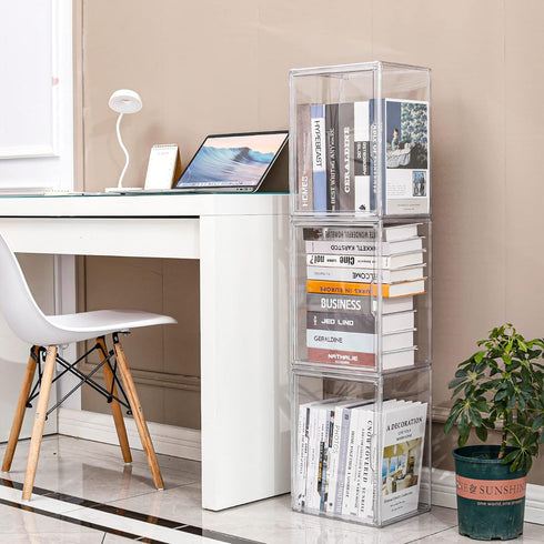 FABROK Clear Book Storage Organizer Box - Plastic Stackable Book Display Case with Magnetic Door - Assemble Storage
