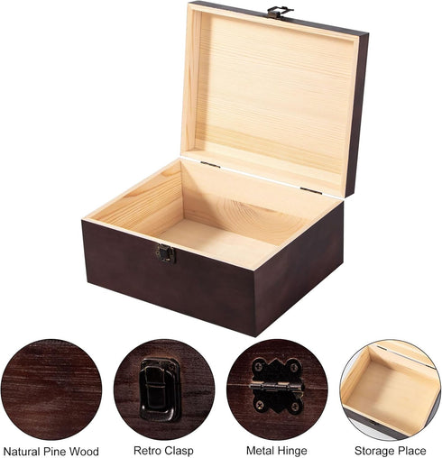 Vintage Wooden Storage Box Container with Hinged Lid Front Clasp, 9.4'' x 7.7'' x 4.3'' Large Keepsake Box, Rustic Wood Boxes for Crafts Art Hobbies and Home Decoration - Dark Brown by Useekoo