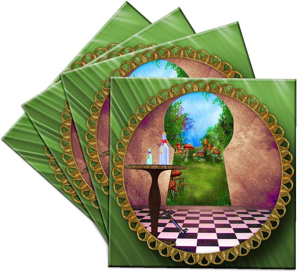 3dRose LLC cst_128860_3 Set of 4 Ceramic Tile Coasters - "Through The Keyholes" Alice in Wonderland Art
