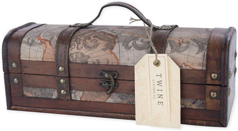 Twine Old World Wine Bottle Gift Box, Wooden Box with Lid and Handle, Holds 1 Bottle