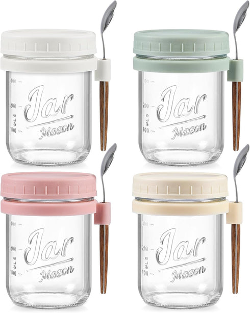 4 Pack Overnight Oats Containers with Lids and Spoons, 16 oz Glass