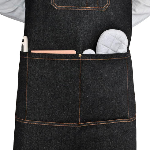 Professional Black Denim Apron with Pockets, Cooking Chef Kitchen Grill BBQ Hairstylist Apron with Leather Straps