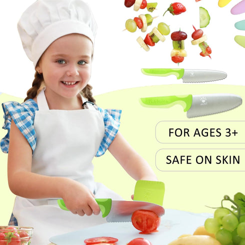 Kids Safe Knife for Real Cooking, Kids First Cutting Knife Set, Round Tip Kids Friendly Kitchen Knife, BPA-free Kids Chef Knife to Learn to Cook (1, Purple-2PCS) (Green) by Kibbidea