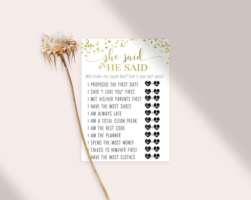 Black and Gold Bridal Shower Games - 25 Cards for He Said She Said, Guess Who Wedding Activity