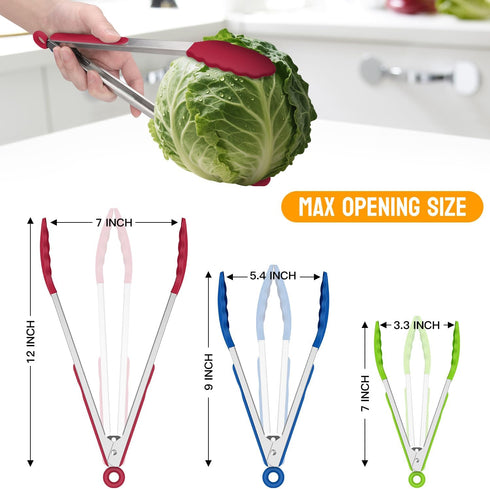 Hotec Premium Stainless Steel Locking Kitchen Tongs with Silicone Tips, Set of 3 - 7", 9", and 12"
