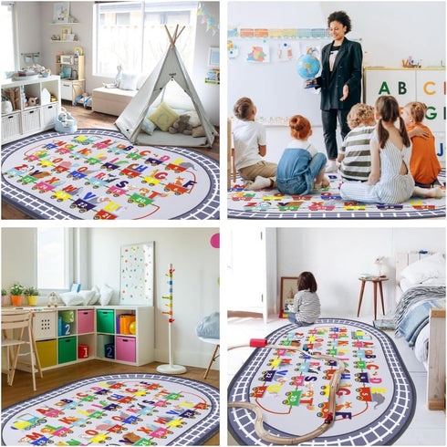 3'3" 5' HiiARug Small Playroom Rug, Kids Playmat ABC Alphabet, Numbers, Train and Road Themed Play Mat Educational