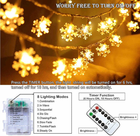 Christmas Snowflake String Lights, 20 FT 40 LED Warm White Battery Operated Fairy Lights with Remote Timer for Indoor