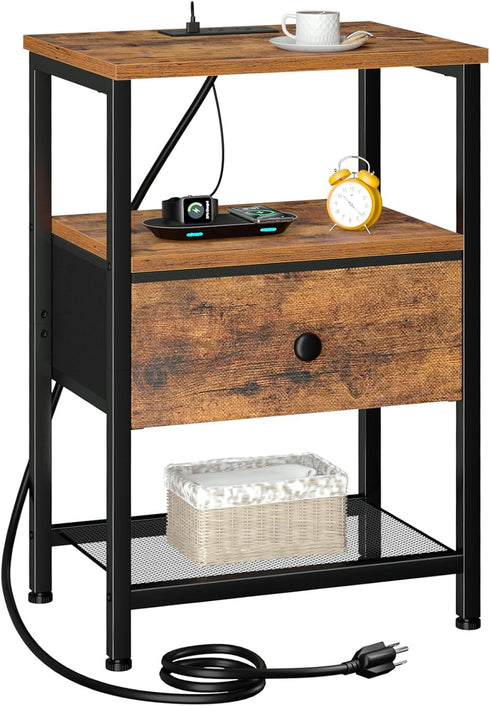 LOAKEKEL Night Stand with Charging Station, Small Bedside Table with Fabric Drawer,