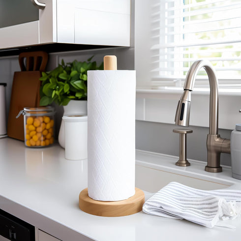 Wooden Paper Towel Holder Countertop - Solid Beechwood Dispenser Stand with Anti-Skid Base