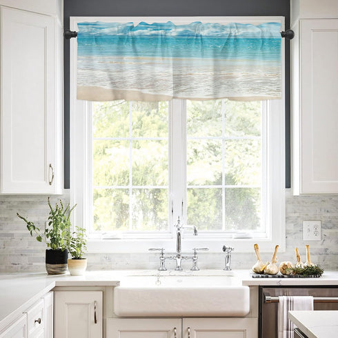 Tropical Ocean Beach Window Valance, 60" W x 18" L, Blue Sky Sea Island Design Rod Pocket Curtain for