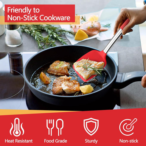 P&P CHEF Red Cooking Utensils Set of 4, Heat-proof Silicone Turner Spoon for Nonstick Cookware, Dishwasher Safe