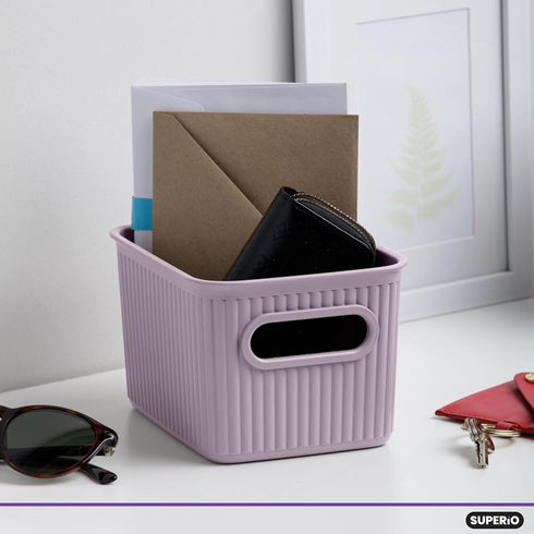 Superio Ribbed Collection - Decorative Plastic Open Storage Bins, Small Lilac Purple (2 Pack) for Organizing Closet