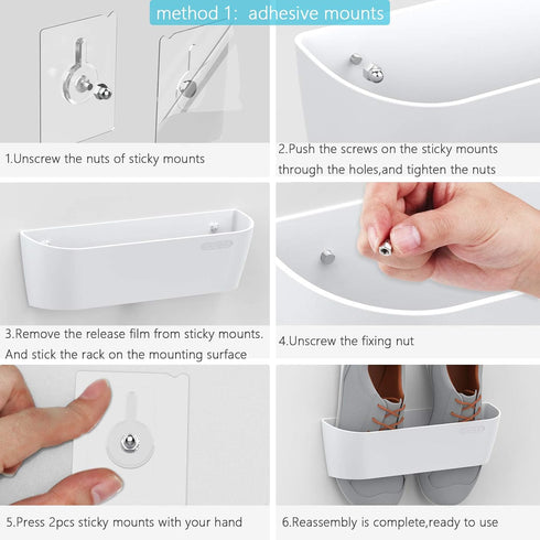 Wall Mounted Shoes Rack 2-Pack with Sticky Hanging Strips, Plastic Storage Organizer, Door Shoe Hangers (SM03-White-2)
