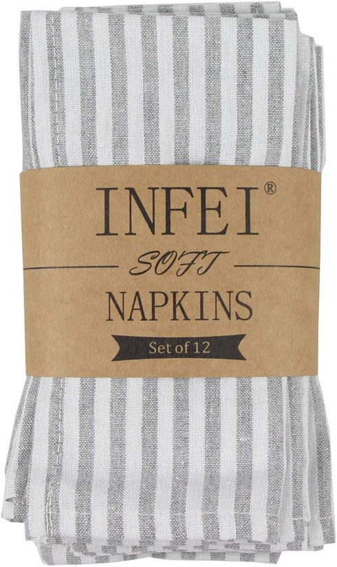 Plain Striped Cotton Linen Blended Dinner Cloth Napkins, Set of 12, 40 x 30 cm, Grey for Events & Home