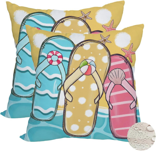 2 Pack Waterproof Summer Throw Pillow Covers, 18x18 Inch, Flip Flops Decor, Tropical Beach Starfish Outdoor Cases