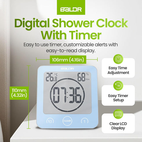 BALDR Digital Shower Clock - Blue Water-Resistant Countdown Timer with Temperature and Humidity