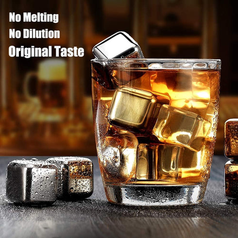 DERGUAM 8 Packs Fast-Cooling 304 Stainless Steel Ice Cubes, Whiskey Stones with Wine Opener, Nonslip Ice Tong & Tray