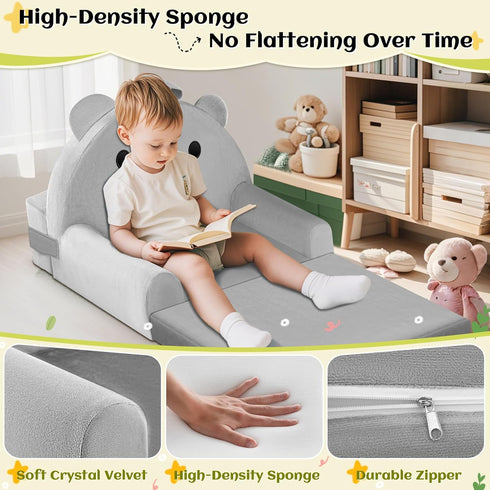 Cozy Kids Sofa Bed with Removable Washable Cover & Magic-Tape Backrest Foldable Toddler Chair Kid Couch, Crystal Velvet
