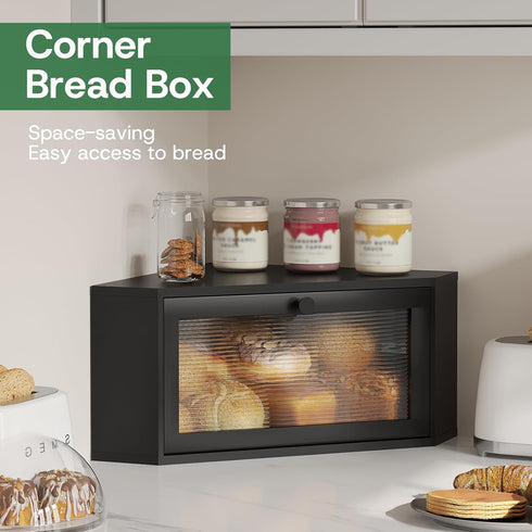 kiplant Countertop Corner Bread Box for Kitchen - Bamboo Wood, Wavy Acrylic Door, Bread Storage Container, Large Bread